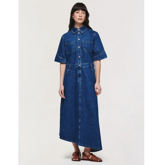 ALIGNE Mateo Short Sleeve Asymmetric Denim Midi Shirt Dress 12 Anthropologie - Picture 4 of 15